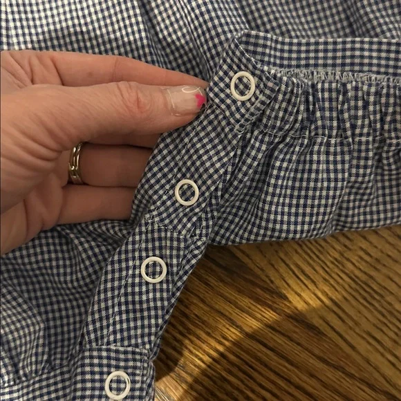 Blue Checkered Baby Romper with Train Smocking - Picture 3 of 6